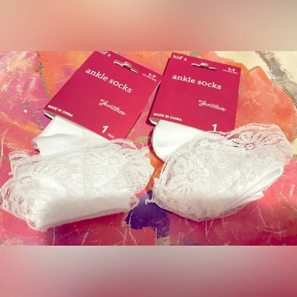 🛍️Juncture Girls  Set Of 2 Super Cute Ankle white Socks W/lace Size 1-7🌸